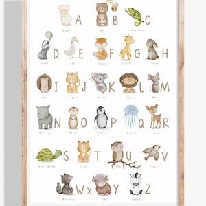 Póster de animales del alfabeto para habitación infantil | Dibujado a mano y acuarela | Descarga digital A3, A4 | Póster de animales del alfabeto | Póster de aprendizaje para habitaciones infantiles.