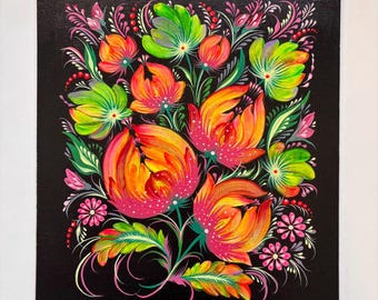 Pintura floral de Petrykivka, arte popular ucraniano, decoración acrílica brillante