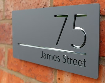 Laser Cut Anthracite Grey & Silver Mirror House Sign | Door Number Plaque