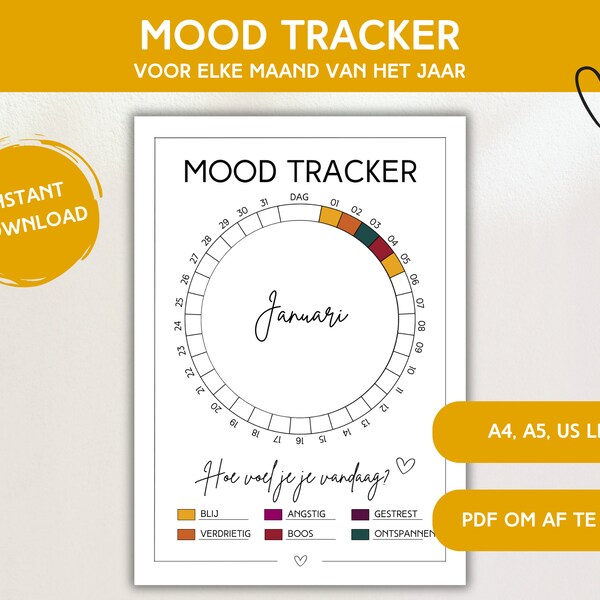 Monthly Mood Tracker Printable Circular Mood Chart Daily Mental Health Tracker Bullet Journal Emotion Tracker A5/A4/Letter Instant Download