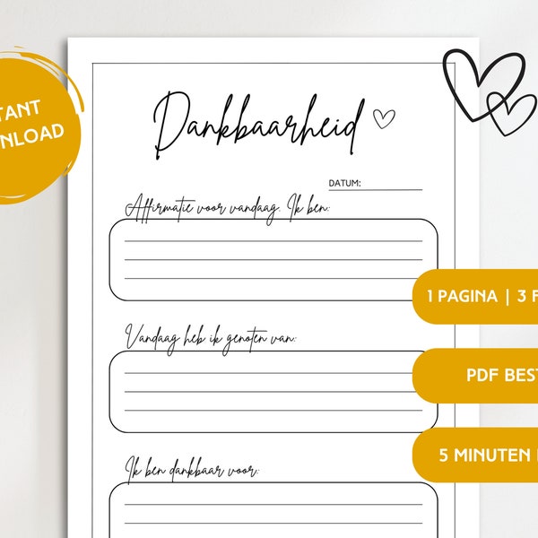 Dagelijkse Dankbaarheid Printable Dankbaarheid Werkblad Dankbaarheid PDF Dankbaarheidsdagboek A5/A4/US Letter Instant Download Afdrukken