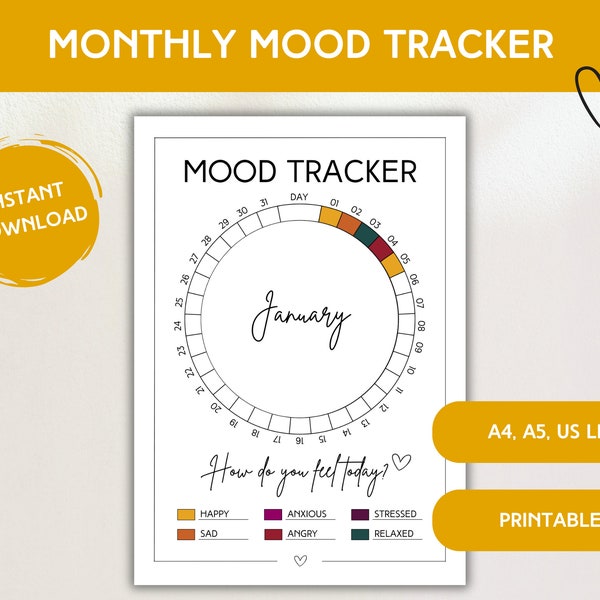 Monthly Mood Tracker Printable Circular Mood Chart Daily Mental Health Tracker Bullet Journal Emotion Tracker A5/A4/Letter Instant Download