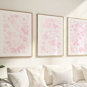 Pink Chinoiserie Wall Art, Vintage Antique Flowers Print, Simple Floral Print Set of 3, Blush Pink Home Decor, Pink Flowers Aesthetic Poster