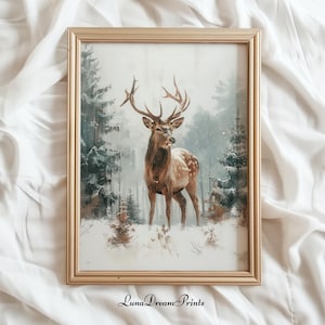Impressão de veado de inverno na floresta de neve, arte de parede de floresta de neve, arte de parede de Natal de fazenda, pintura vintage country, decoração de casa de paisagem natural