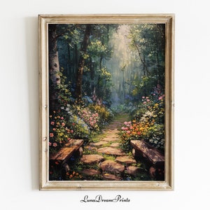 Verzauberter Waldfrühlings-Druck, Wunderliche botanische Wandkunst des Waldes, magische Natur-Kunstdruck, ästhetisches Cottagecore-Dekor, Kinderzimmer-Druck