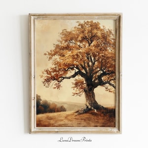 Vintage Fall Tree Print, Rustic Fall Printable Oak Tree Wall Art, Nature Autumn Landscape Painting, Botanical Moody Wall Art, Fall Prints