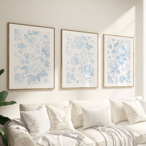 Blue Chinoiserie Wall Art, Vintage Antique Flowers Print, Simple Floral Print Set of 3, Light Blue Home Decor, Blue Flowers Aesthetic Poster