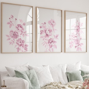 Pink Botanical Wall Art Set of 3, Pink Floral Print, Floral Wall Art Set, Girly Room Wall Art, Vintage Botanic Printable, Coquette Wall Art