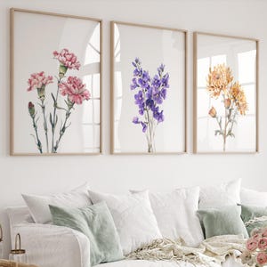 Juego de 3 flores de nacimiento familiar, estampado de flores del mes de nacimiento, decoración moderna para el hogar con flores silvestres, arte de pared con flores personalizado, regalo personalizado con flores de nacimiento