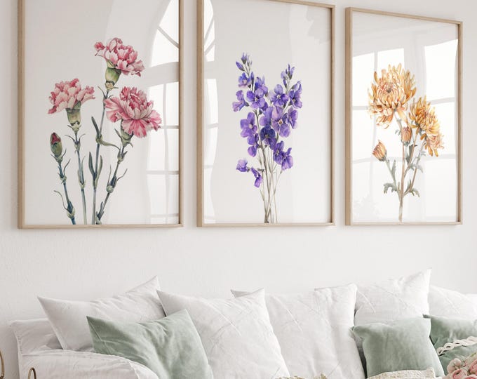 Family Birth Flower Set of 3, Birth Month Flower Print, Modern Wildflowers Home Decor, Custom Flower Wall Art, Birthflower Personalized Gift