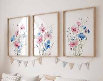 Pink And Blue Flower Wall Art, Watercolor Prints Set Of 3, Wildflower Nursery Decor, Printable Wildflower Artwork, Botanical Meadow flowers
