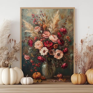 Blumen Malerei Druck, Gemälde Blumen in Vase, Herbst Vintage Malerei Druck, rustikale Herbst Wildblumen druckbare, Herbst botanische Wandkunst