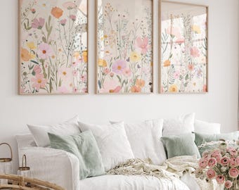 Set de 3 láminas de flores silvestres, arte floral bohemio para pared, lámina infantil de flores silvestres, decoración floral colorida para el hogar, lámina moderna para habitación de niña