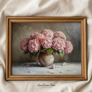 Cuadro vintage para imprimir de hortensias rosas, arte botánico rústico, decoración de pared rosa para sala de estar, decoración floral natural, impresión digital descargable