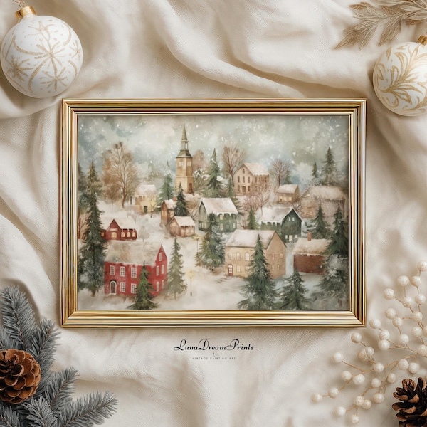 Christmas Winter Town Print, Snowy Winter Village Print, Vintage Scene Holiday Decor, Christmas Painting Wall Art, Snow Landscape Printable