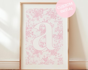 Pink Personalized Letter Chinoiserie Wall Art, Custom White Letter Initial, Pink Dorm Decor, Botanical Vintage Bedroom Decor, Above Bed Name