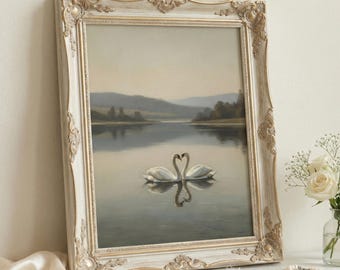 Arte de pared imprimible con cisnes vintage en un lago, impresión artística de cisnes antiguos, decoración neutra de paisaje campestre, descarga digital de estilo rústico moderno.