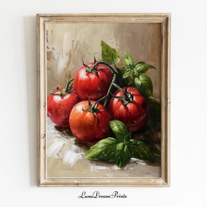 素朴なトマトとバジルの絵画、ヴィンテージキッチンプリント、キッチンの静物画ハーブウォールアート、ダイニングルームの油絵アートワーク、食品ポスター