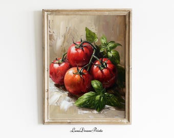 Può includere: Dipinto con cornice di natura morta raffigurante pomodori rossi maturi con foglie verdi di basilico. L'opera d'arte ha uno stile vintage, con una calda tavolozza di colori e pennellate visibili. Il dipinto è firmato "Luna Dream Prints".