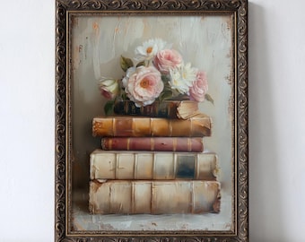 Rustic Spring Books Artwork, Vintage Moody Flowers Painting, Dark Academia Old Books Stack Print, Floral Cottagecore Wall Art, Antique Decor