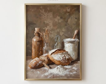 May include: A framed still life painting featuring bread, flour, and bottles. The painting depicts a loaf of bread, sliced bread, and a jar of flour with a wooden spoon. The color palette includes browns, tans, and whites.