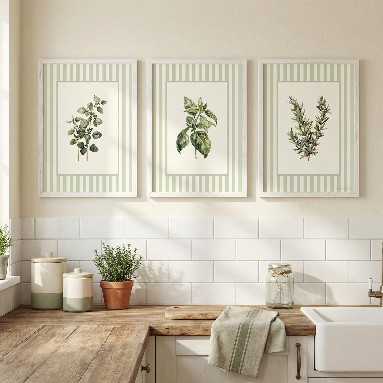 kitchen wall decor art prints - botanical prints -... Green Striped Herb Botanical Set of 3 Kitchen Print, Green Kitchen Wall ...