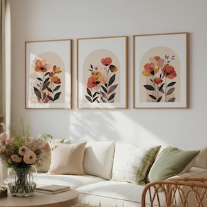 Set of 3 Boho Abstract Flowers Print, Beige Boho Fall Decor, Minimalist Modern Dorm Wall Art, Floral Terracotta Printable, Digital Download