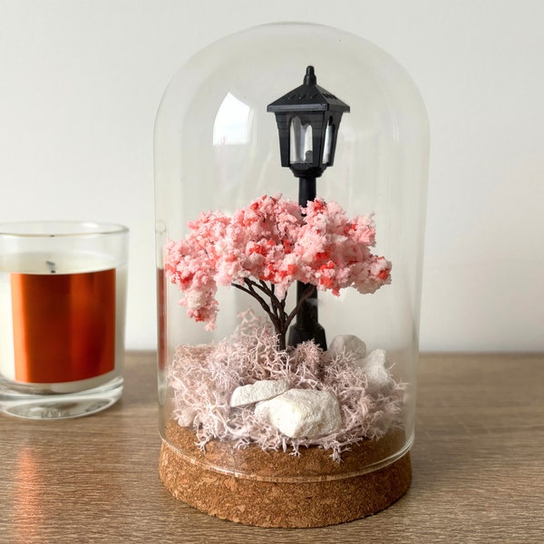 Moss Decor Cherry Blossom Tree, Desktop Mossarium Centrepiece, Preserved Moss Art Terrarium, Pink cherry moss Glass Dome, Coffee table decor