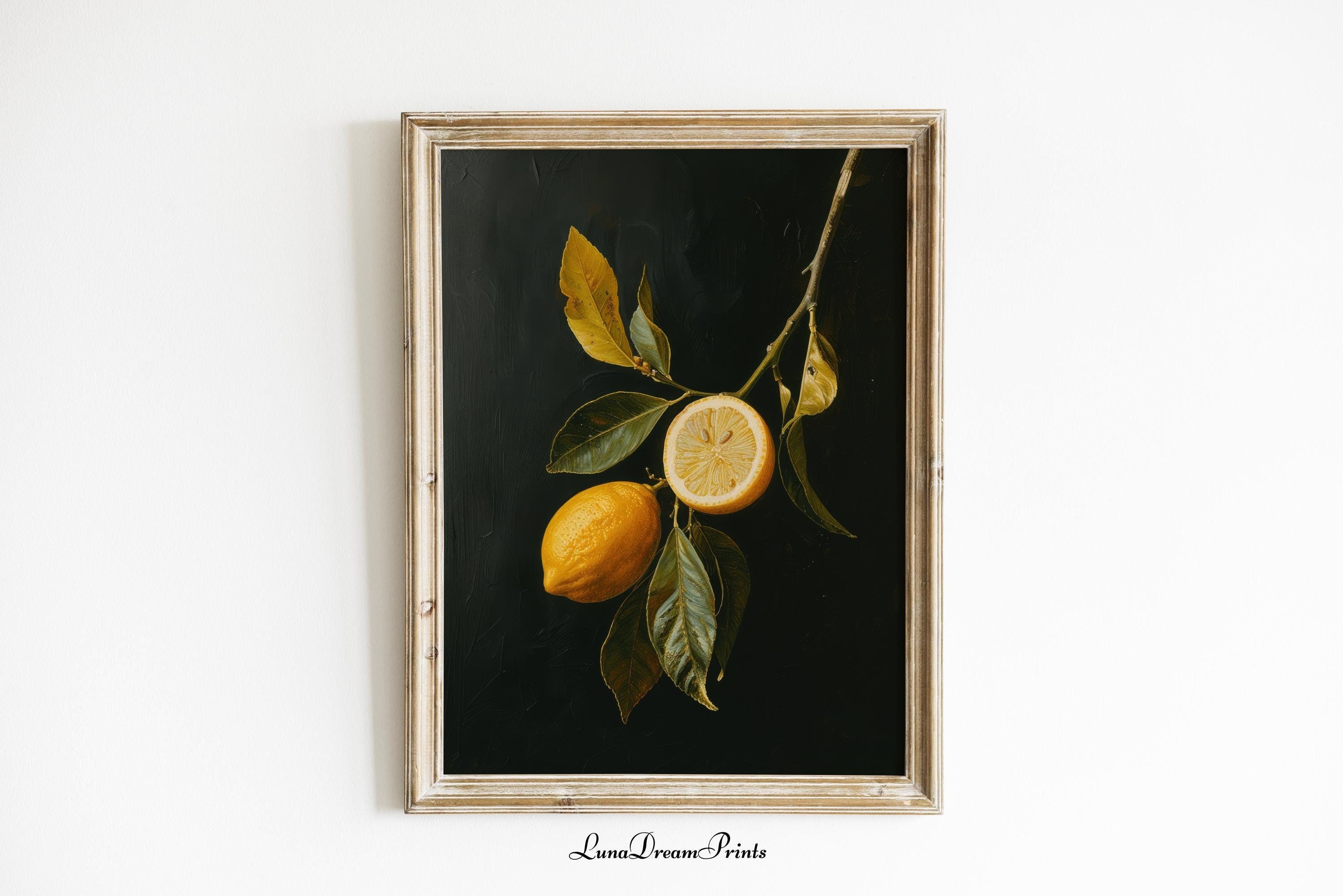 Vintage Kitchen Lemon Printable, Lemon Branch Painting, Still Life Fruit Artwork, Dark Botanical Prints, Dark Kitchen Decor, Citrus Poster