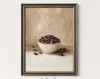 Coffee Beans Kitchen Print, Moody Coffee Bar Painting, Vintage Country Farmhouse Decor, Neutral Cafe Poster, Minimalist Kitchen Wall Art