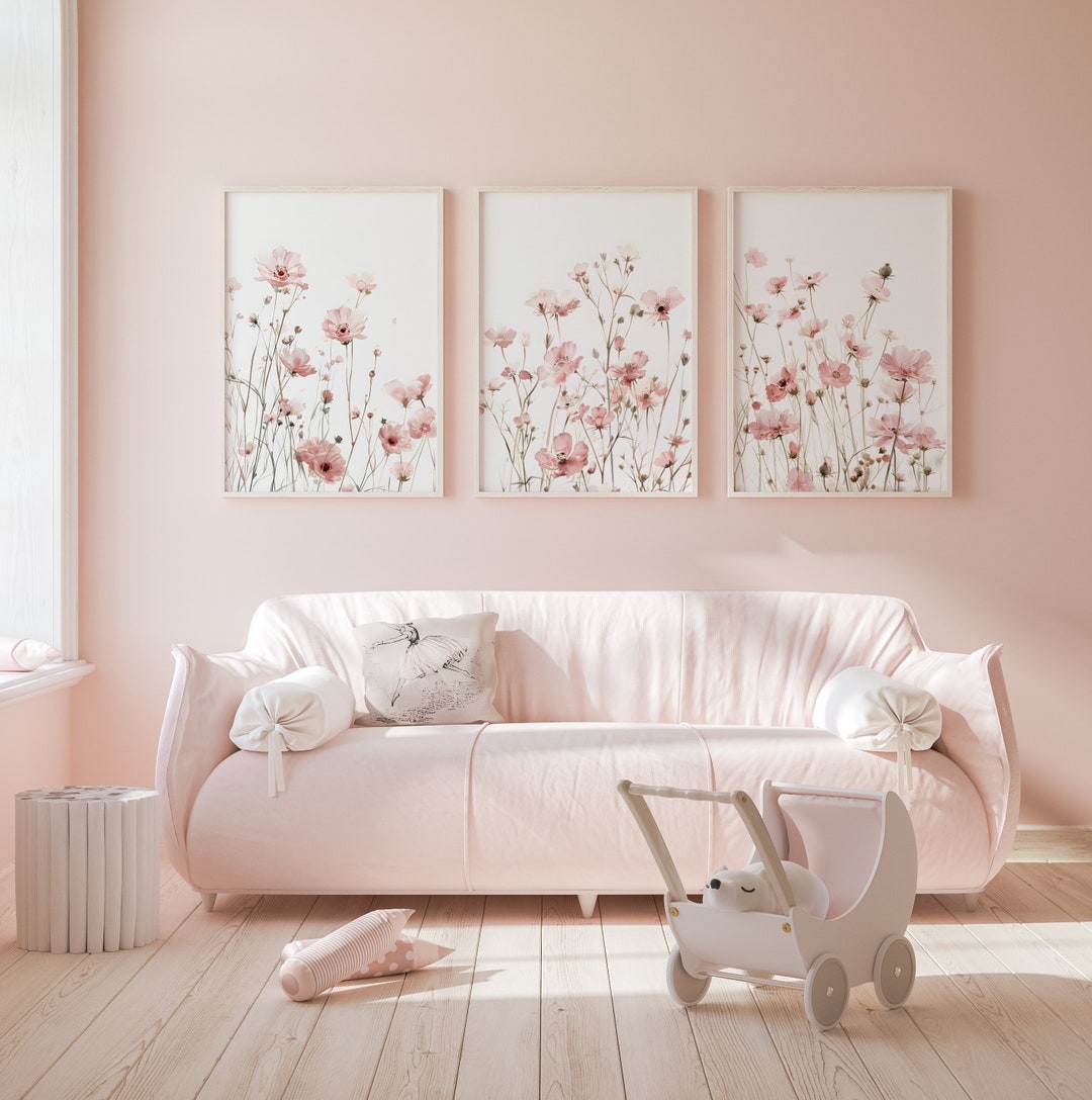 Wildflower Nursery Print Set, Pink Nursery Wall Art, Meadow Flowers ...