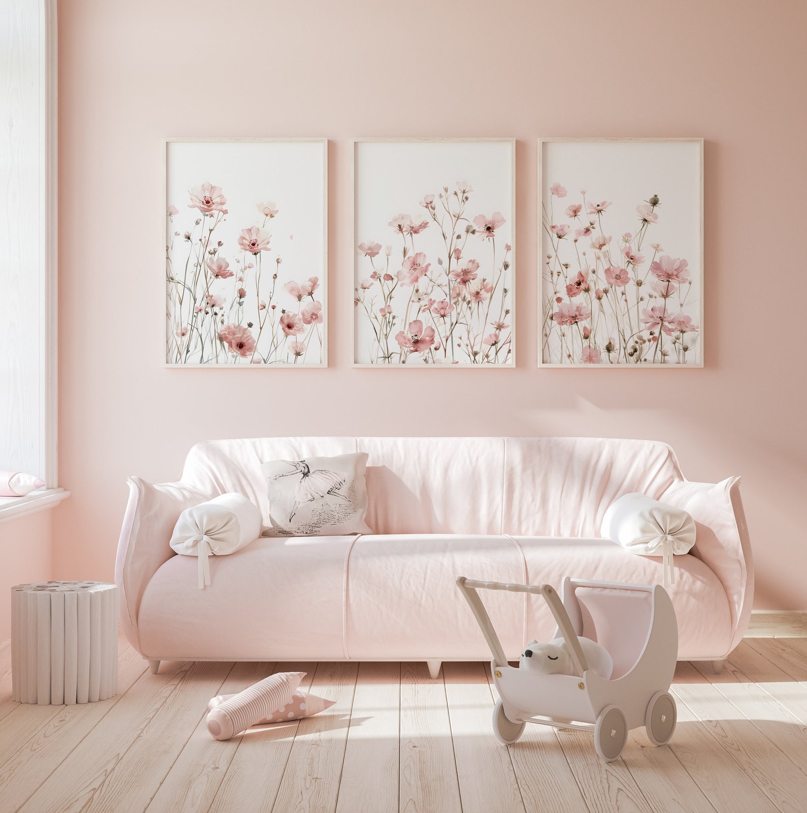 Wildflower Nursery Print Set, Pink Nursery Wall Art, Meadow Flowers ...