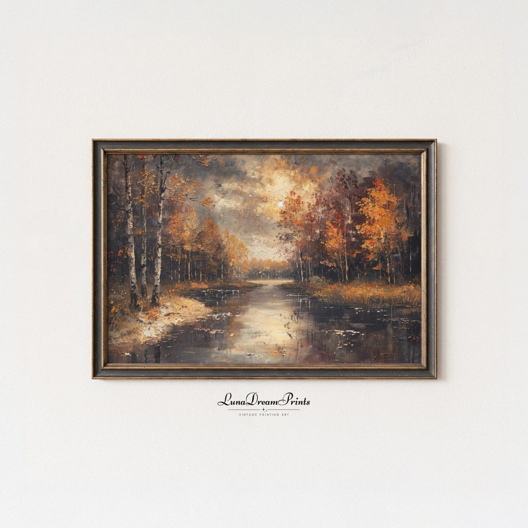 Dark Fall Landscape Oil Painting, Vintage Autumn Scenery Wall Art ...