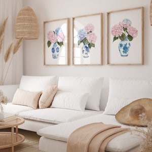 Pink and Blue Hydrangea Print, Chinoiserie Bedroom Wall Art, Set of 3 ...