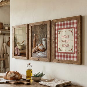 May include: Three framed rustic art prints. The first shows a mixing bowl and whisk, the second, bread and ingredients, and the third, a red and white checkered pattern with the words "HOME SWEET HOME".