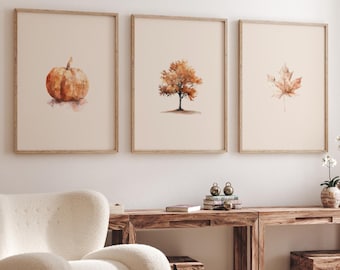 Fall Printable Art Set of 3 Prints, Minimalist Autumn Wall Art, Watercolor Leaf Tree Pumpkin Print, Farmhouse Bedroom Art, Home Decor Prints