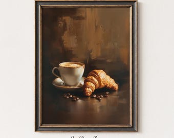 May include: A framed wall art print featuring an oil painting of a white ceramic coffee cup on a matching saucer, accompanied by a golden-brown croissant and scattered dark roasted coffee beans against a dark, moody, abstract brown background.