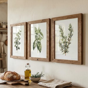 Peut inclure: Trois impressions botaniques encadrées représentant des illustrations à l'aquarelle d'herbes. Les cadres sont en bois brun clair rustique. Les herbes comprennent de l'origan, du basilic et du romarin, chacune avec des feuilles vertes. Les impressions sont affichées sur un mur clair.