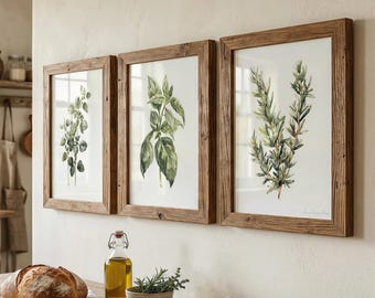 Watercolor Kitchen Herbs, Kitchen Wall Decor, Modern Set of 3 Prints, Large Fine Art Posters, Watercolor Greenery, Botanical Abstract Art