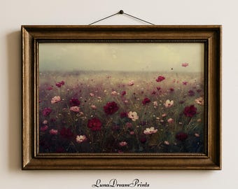 Moody Wildflower Landscape Print, Dark Floral Field Painting, Dreamy Nature Wall Art, Vintage Countryside Decor, Ethereal Botanical Print