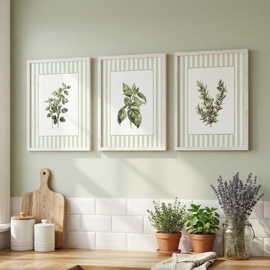 kitchen wall decor art prints - botanical prints -... Green Striped Herb Botanical Set of 3 Kitchen Print, Green Kitchen Wall ...