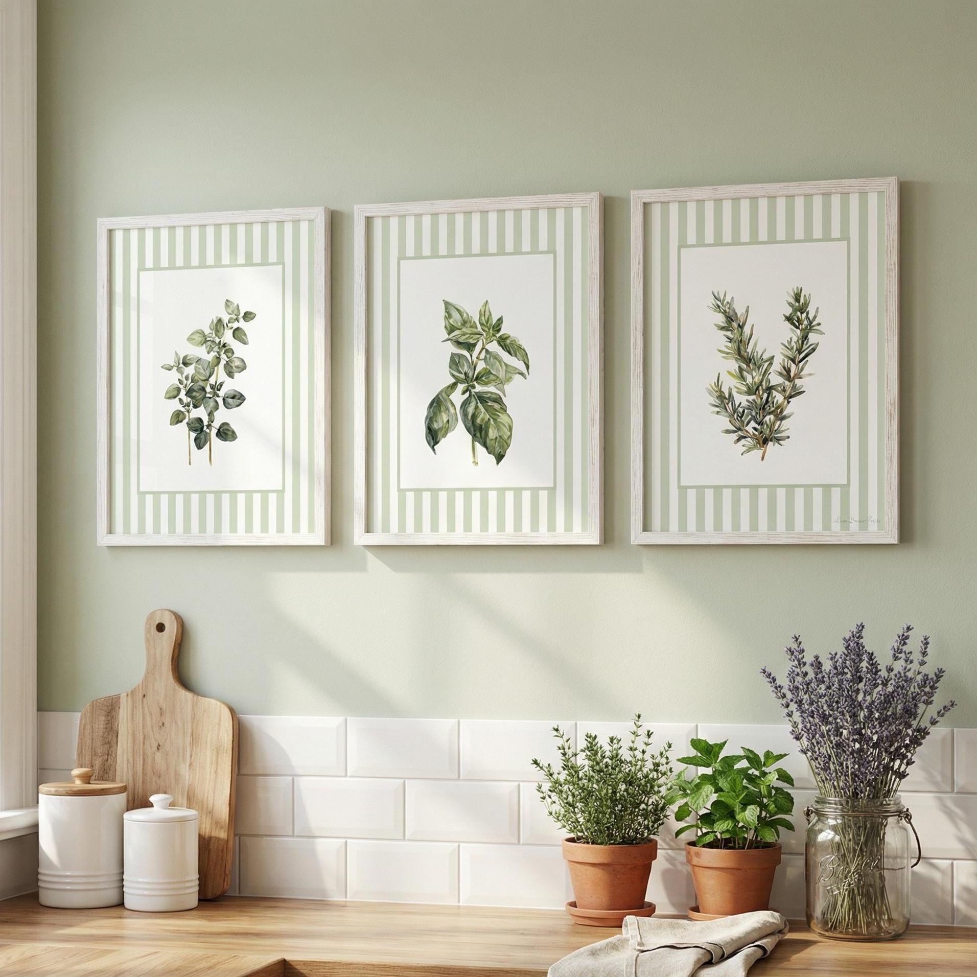 Green Striped Herb Botanical Set of 3 Kitchen Print, Green Kitchen Wall ...