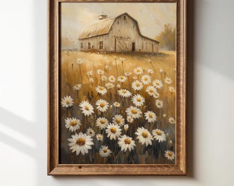 Farmhouse Spring Barn Wall Art, Old Barn Wall Art, Daisy Flowers Painting, Rustic Country Landscape Printable, Floral Print Digital Download