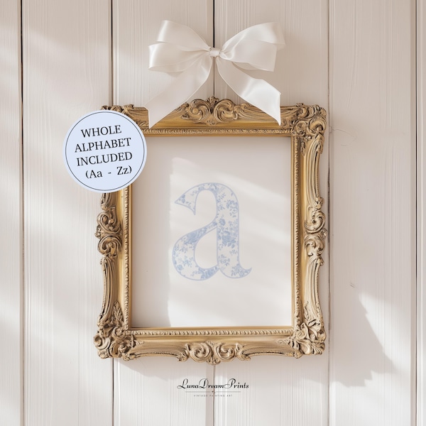 Blue Floral Alphabet Letter A-Z Bundle, Blue Baby Name Wall Art, Instant Download Printable, Initial Name Nursery Decor, Boy Room Letters