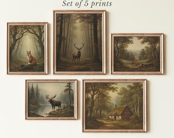 Moody Woodland set van vijf prenten, vintage cabinegalerij wanddecoratie, rustieke dierenbos bundel hertenvos, donkere digitale download Cottagecore