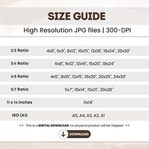 May include: A size guide chart for high resolution 300-DPI JPG files. It lists aspect ratios including 2:3, 3:4, 4:5, 5:7, 11x14 inches, and ISO sizes A5 through A1 with corresponding dimensions in inches. It includes a download button icon.