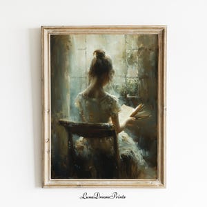 Victorian Girl Reading Print, Bookish Dark Academia Painting, Moody Reading Nook Wall Art, Vintage Library Bookworm Printable, Lady Portrait