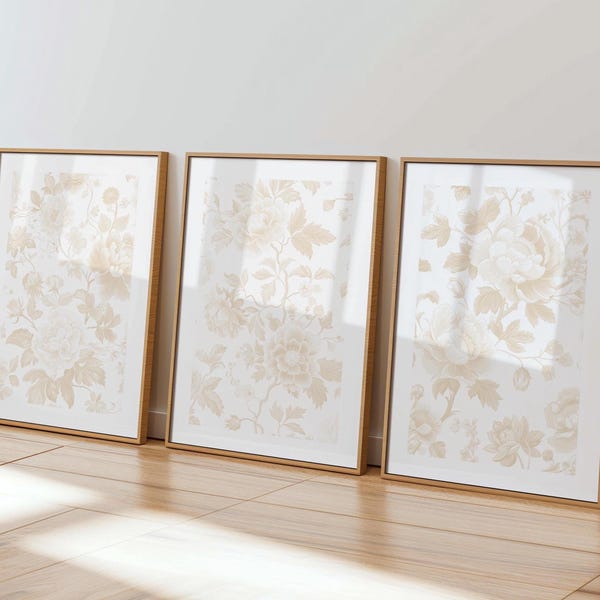 Set of 3 Beige Wall Art, Chinoiserie Antique Flowers Decor, Flower Above The Bed Artwork, Neutral Floral Beige Dorm, Soft Warm Tones Bedroom