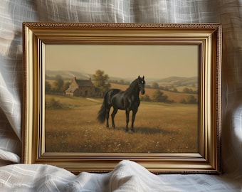 Humeurig land rustiek paard print, vintage boerderij pastorale boerderij landschap afdrukbare, paard paardensport dieren kunst aan de muur, digitale download