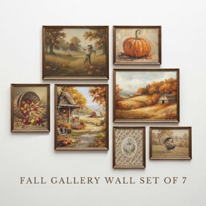 May include: A gallery wall set of seven framed art prints featuring autumn themes, including a scarecrow in a field, a pumpkin, a basket of apples, a farmhouse, a patterned pumpkin print, and a turkey, with the text FALL GALLERY WALL SET OF 7.